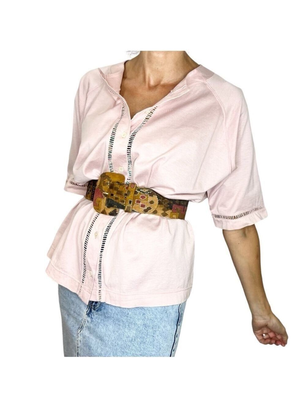 Vintage Rodier pink 100% cotton jersey knit short sleeve top L